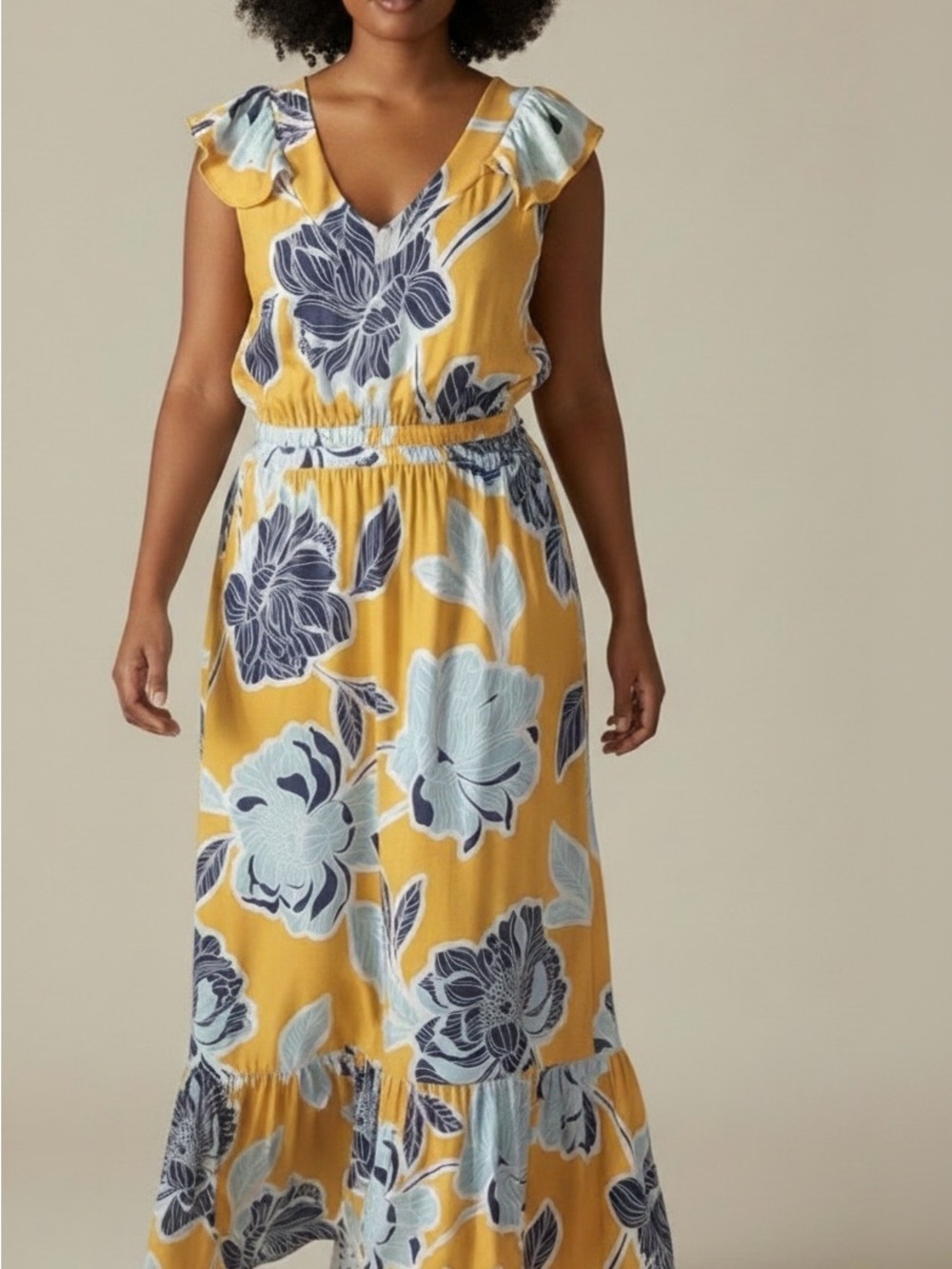 IMAN Yellow Floral V-Neck Maxi Dress with Blue Print Woman’s Size 1X NWOT